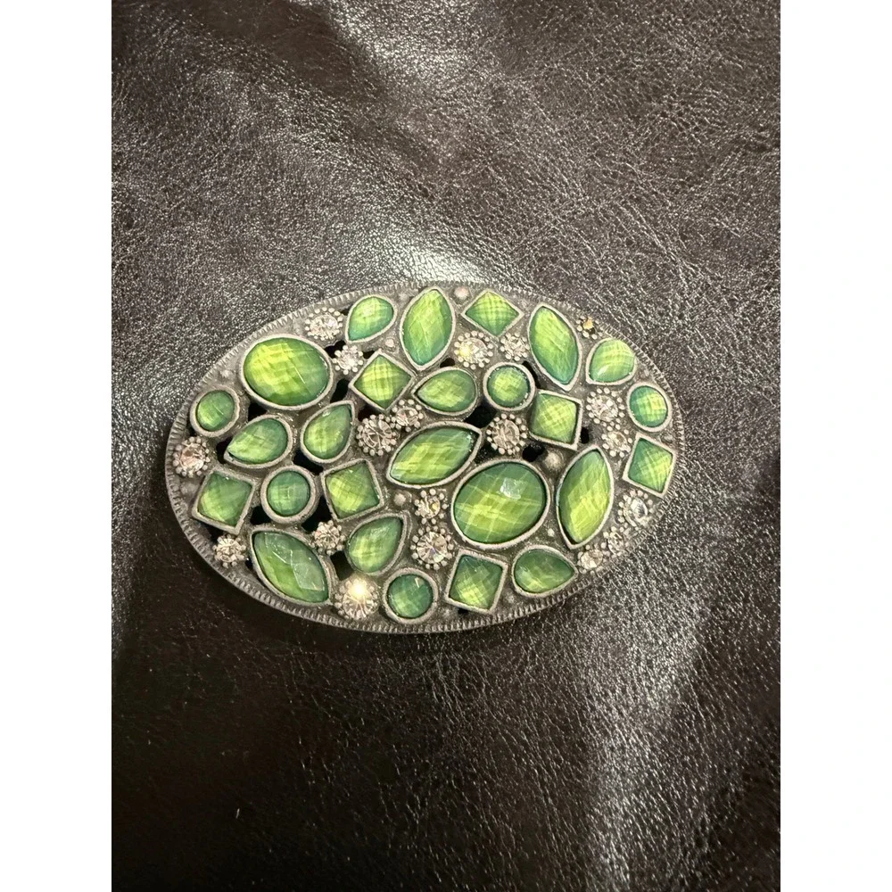 Vintage Green Cats Eye Rhinestone Oval Belt Buckle Silver‎ Tone Western Boho